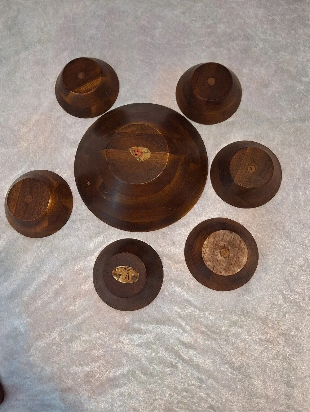 Vintage Vermilion Real Black Walnut 60's Nine piece salad serving bowls